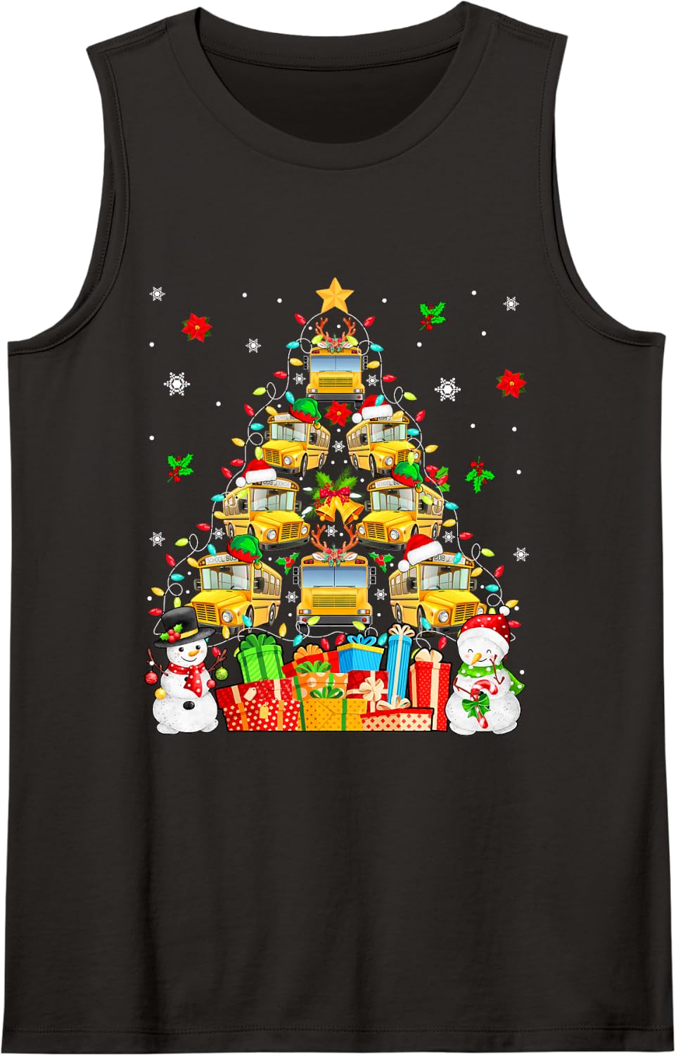 Santa Elf Reindeer School Buses As Xmas Tree Driver Snowmen Sleeveless Tank Top - Black