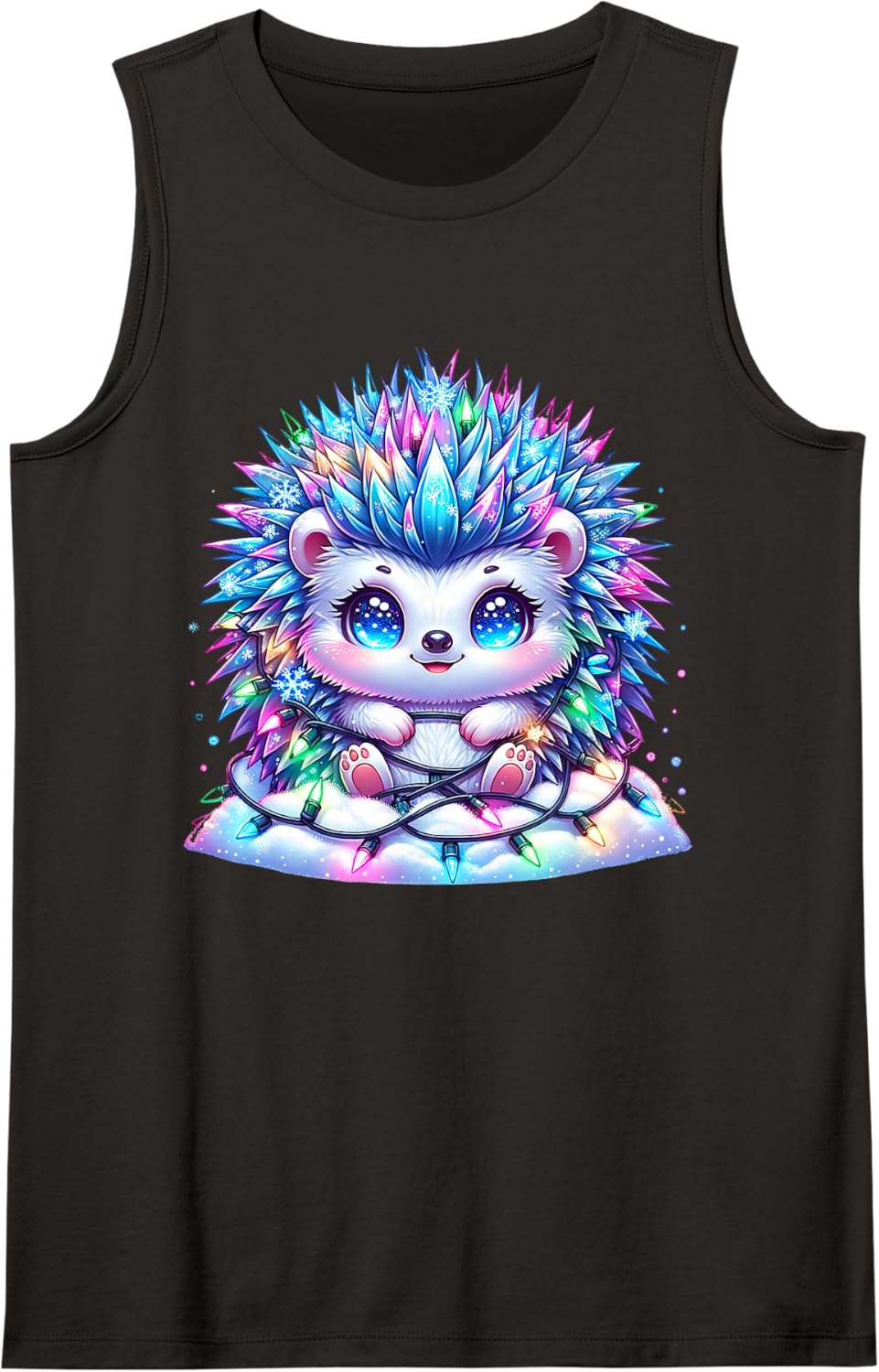 Cute Hedgehog Winter Lights Snowflake Illustration Sleeveless Tank Top - Black