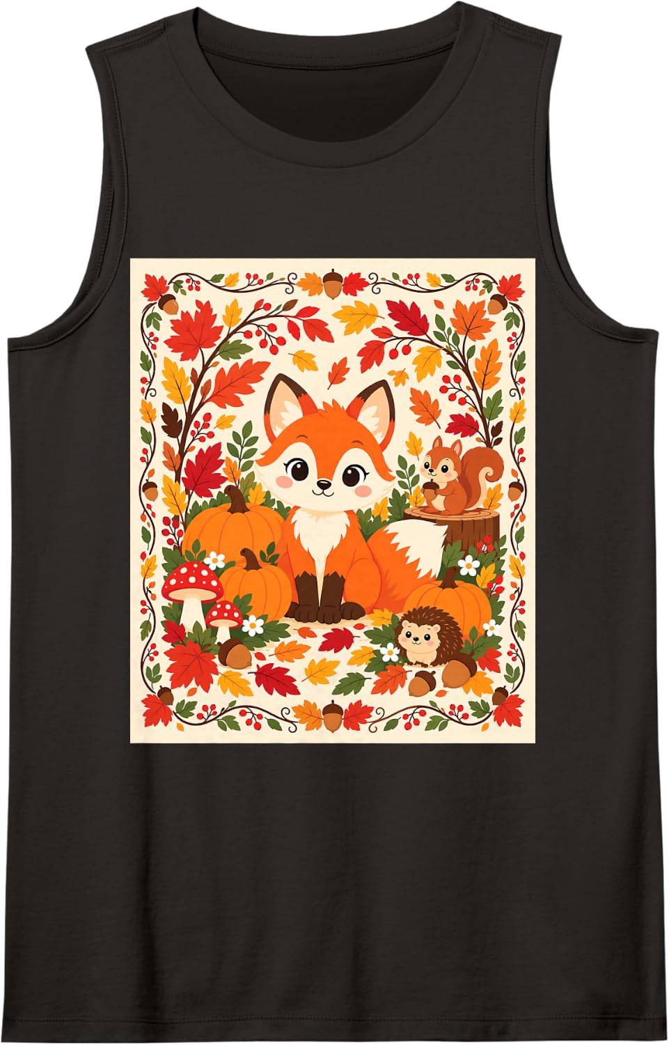 Autumn Leaves Fox Squirrel Hedgehog Fall Pumpkin Sleeveless Tank Top - Black