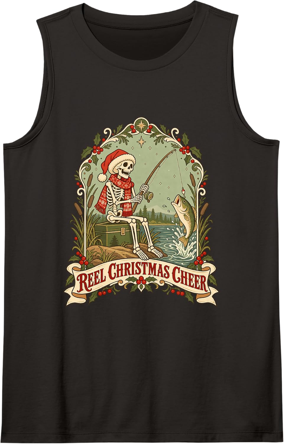 Reel Christmas Cheer Skeleton Fishing Funny Angler Holiday Sleeveless Tank Top - Black