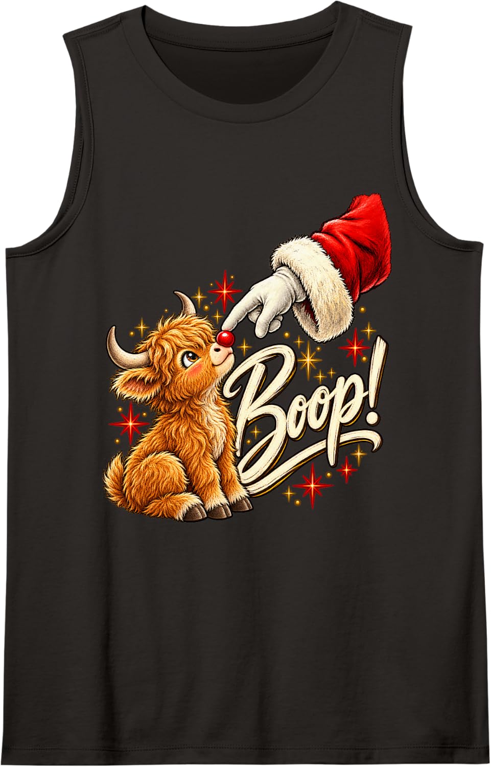Boop! Highland Cow Happy Santa Christmas Red Nose Men Women Sleeveless Tank Top - Black