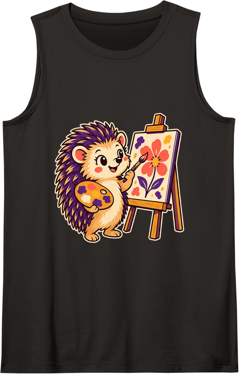 Hedgehog Painter Brush Palette Flower Art Design Sleeveless Tank Top - Black