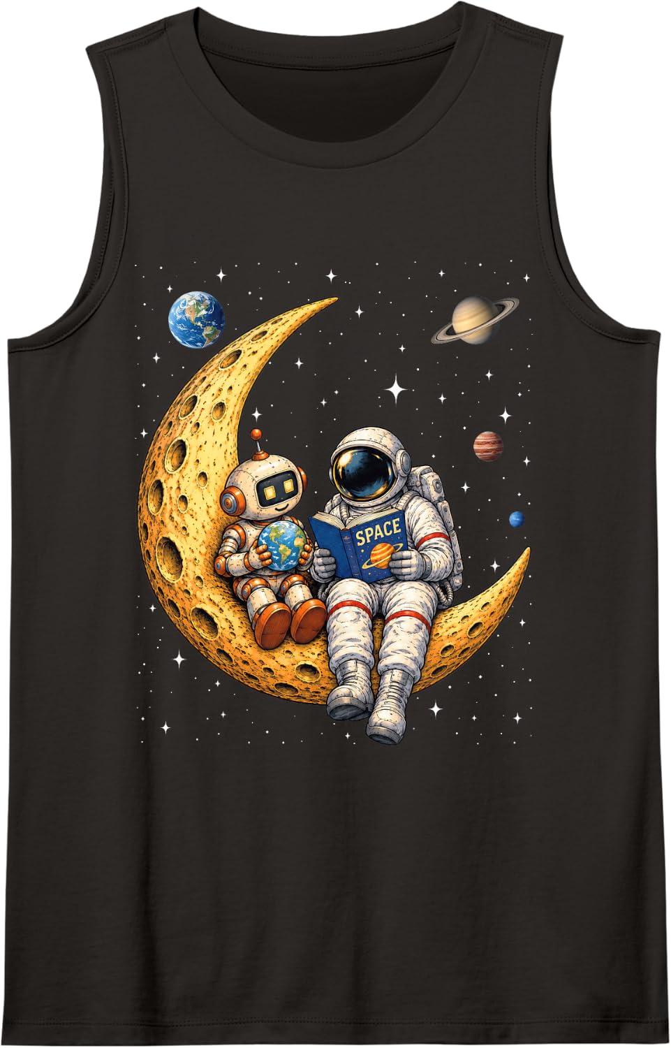 Astronaut Reading Space Book Cute Robot on Crescent Moon Sleeveless Tank Top - Black
