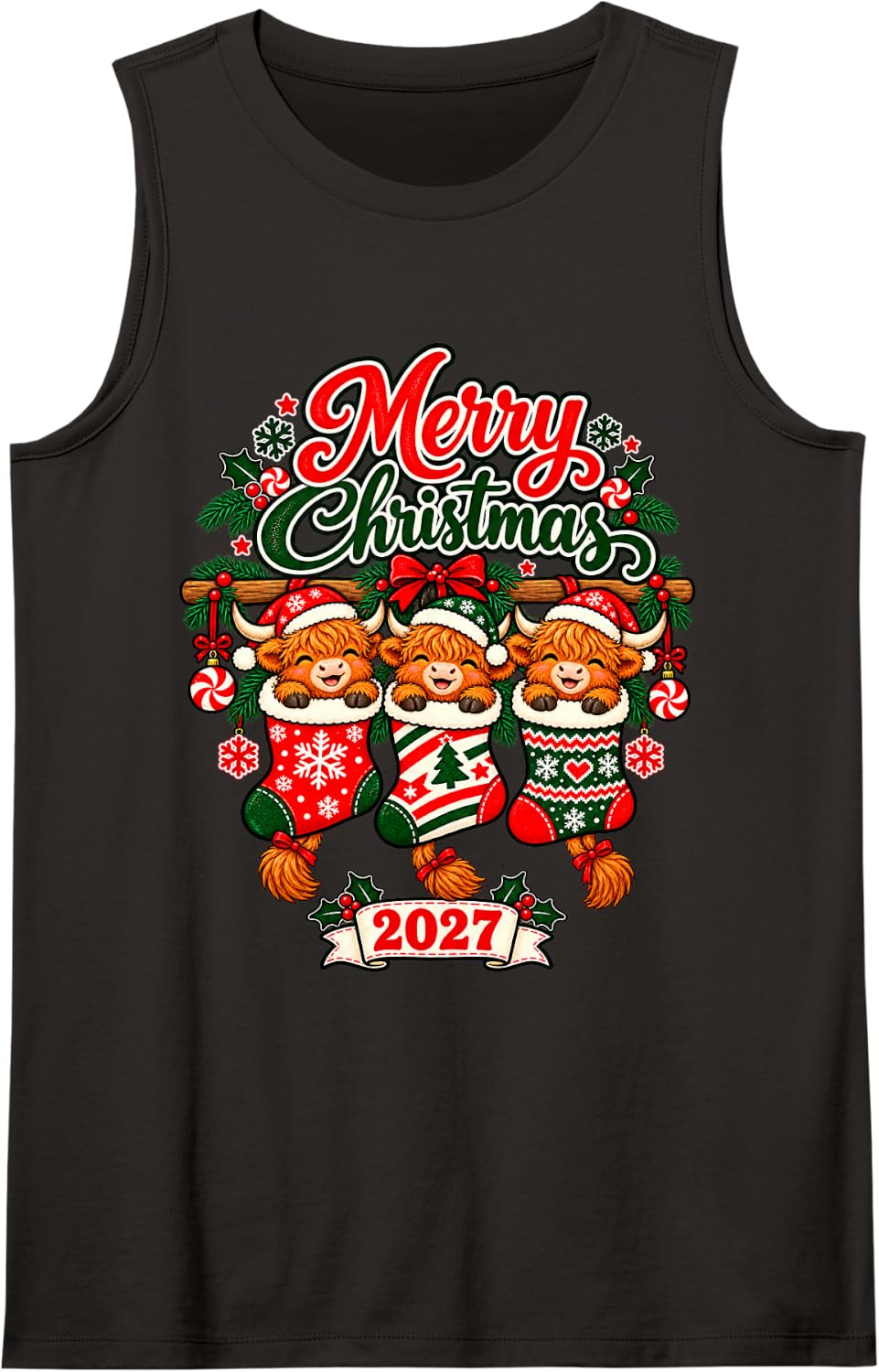 Merry Christmas 2027 Happy Highland Cow in Stockings Sleeveless Tank Top - Black