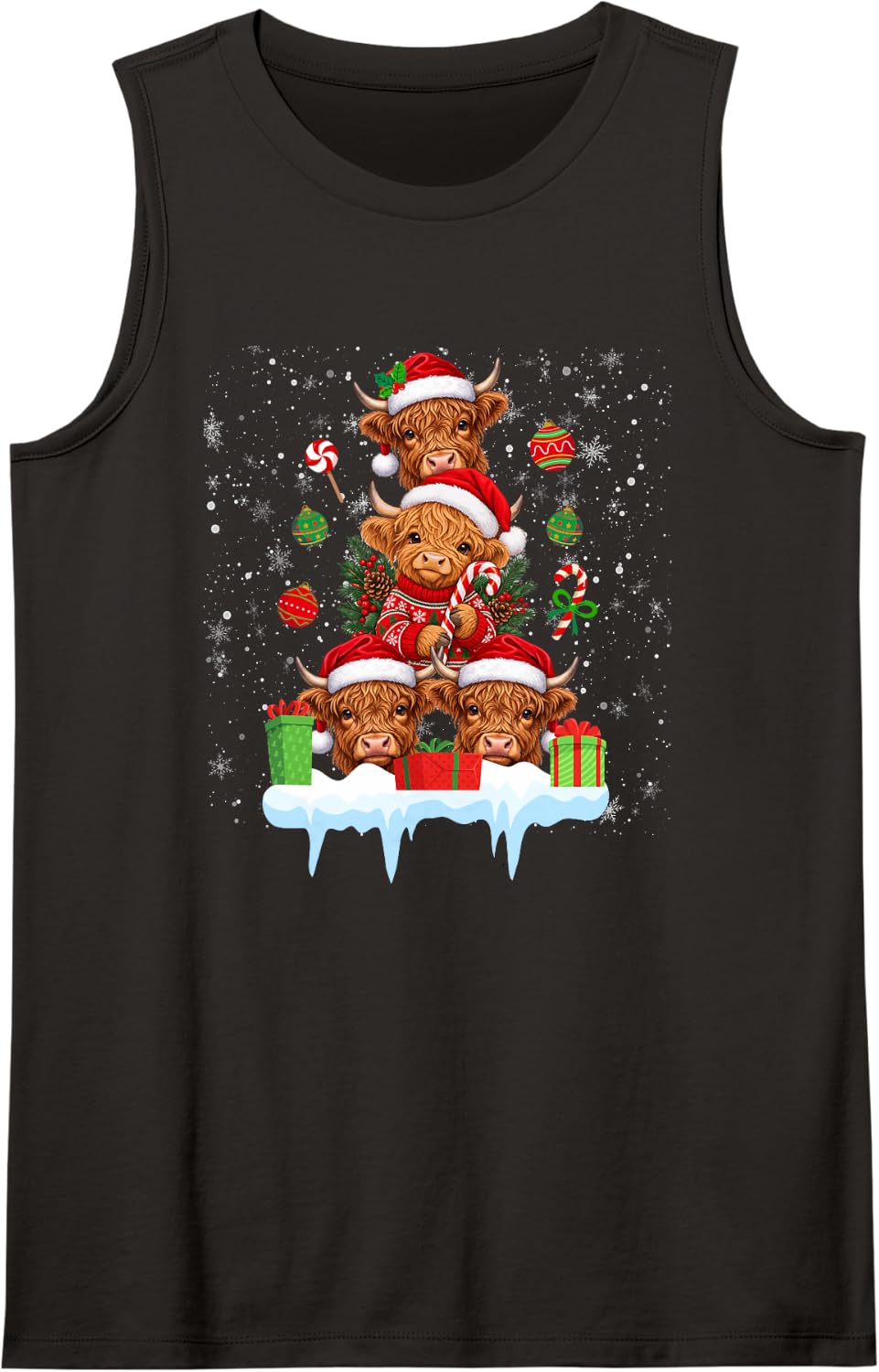 Highland Cow Christmas Tree Highland Cow Xmas Party Sleeveless Tank Top - Black