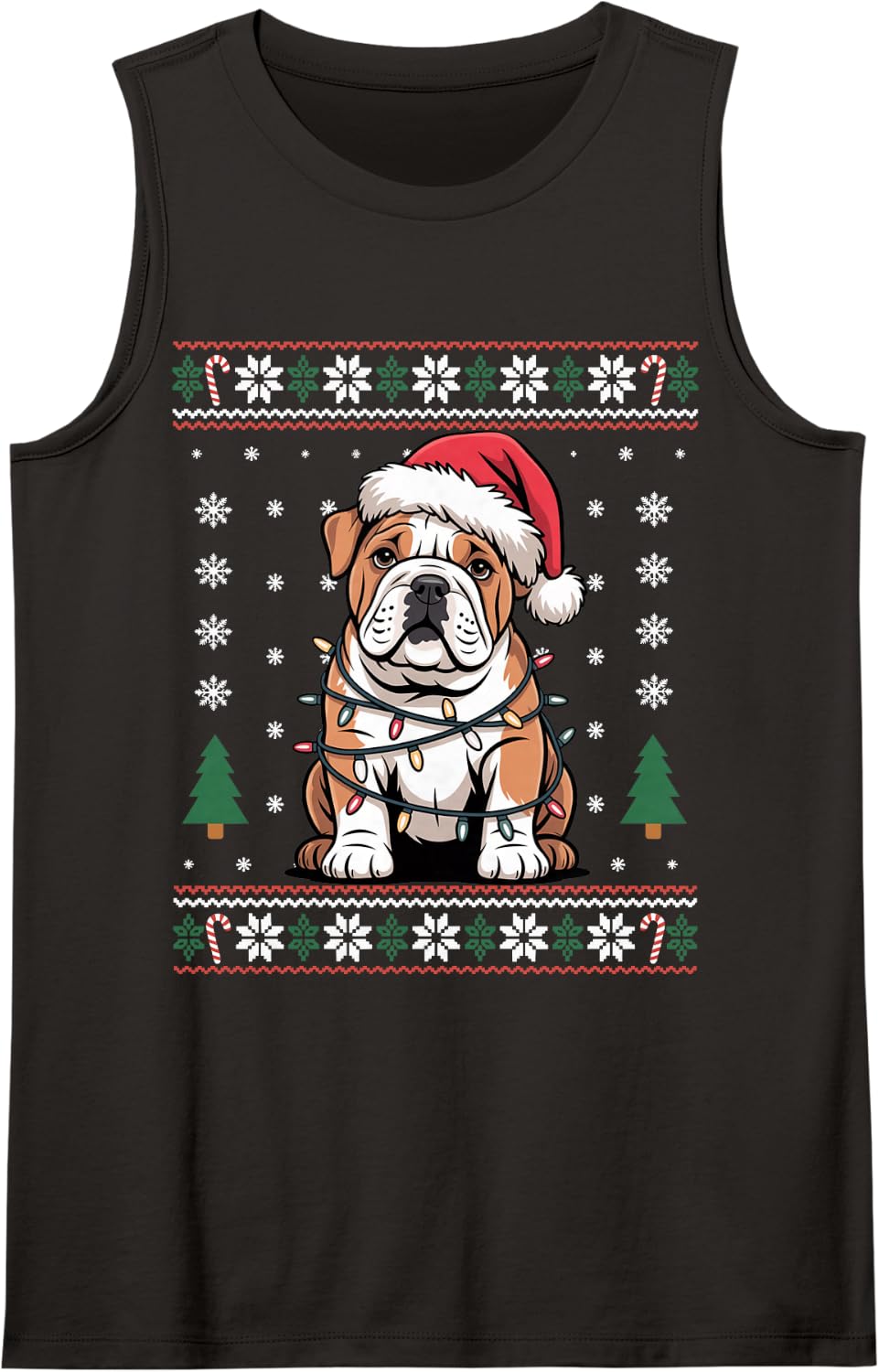 Cute Funny Bulldog Puppy Christmas Lights Dog Mom Dad Lover Sleeveless Tank Top - Black