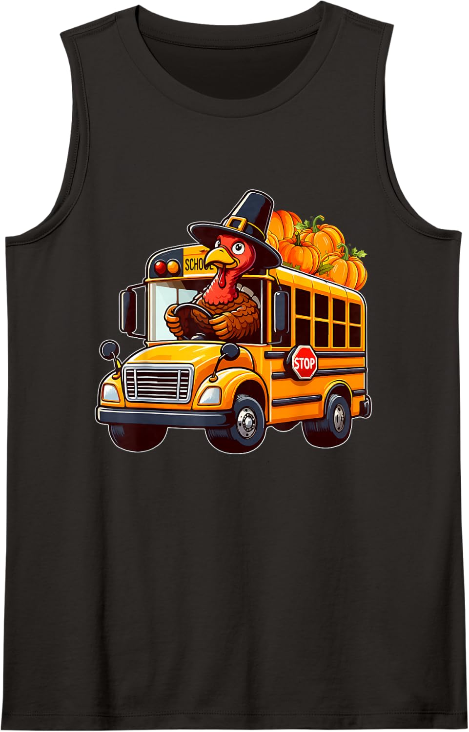 Turkey Driving School Bus Thanksgiving Driver Fall Pumpkins Sleeveless Tank Top - Black