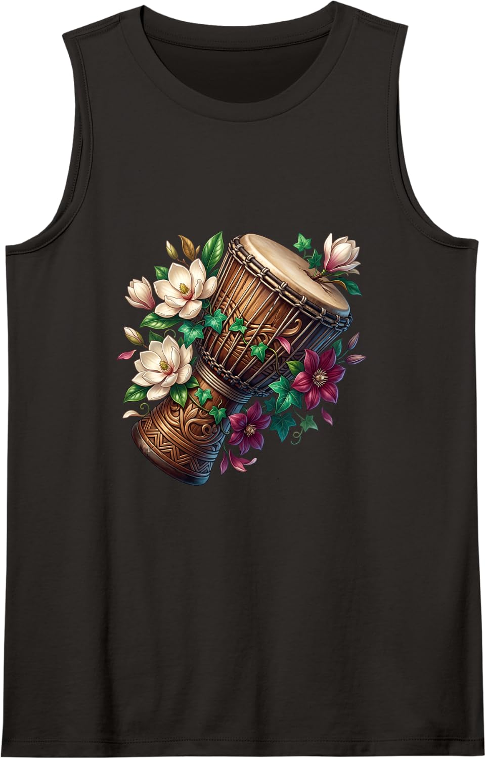 Hand Drum with Delicate White Flowers Sleeveless Tank Top - Black