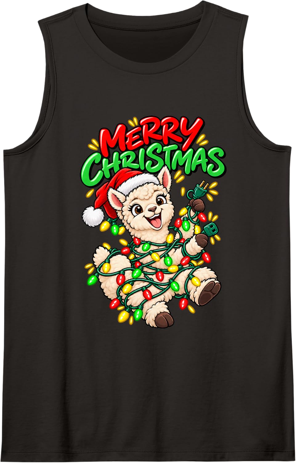 Merry Christmas Happy Alpaca Cute Christmas Lights Sleeveless Tank Top - Black