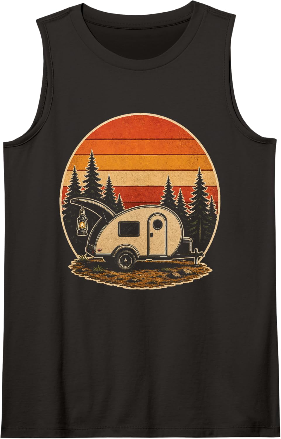 Camping Retro Sunset Teardrop Travel Trailer Night Sky Art Sleeveless Tank Top - Black