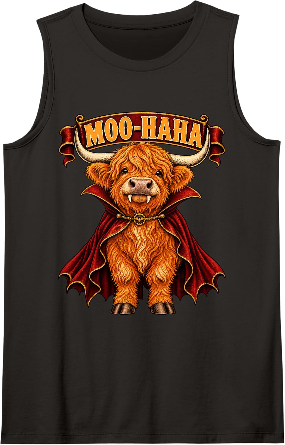 Vintage Vampire Highland Cow Halloween Banner - Moo-Haha Sleeveless Tank Top - Black