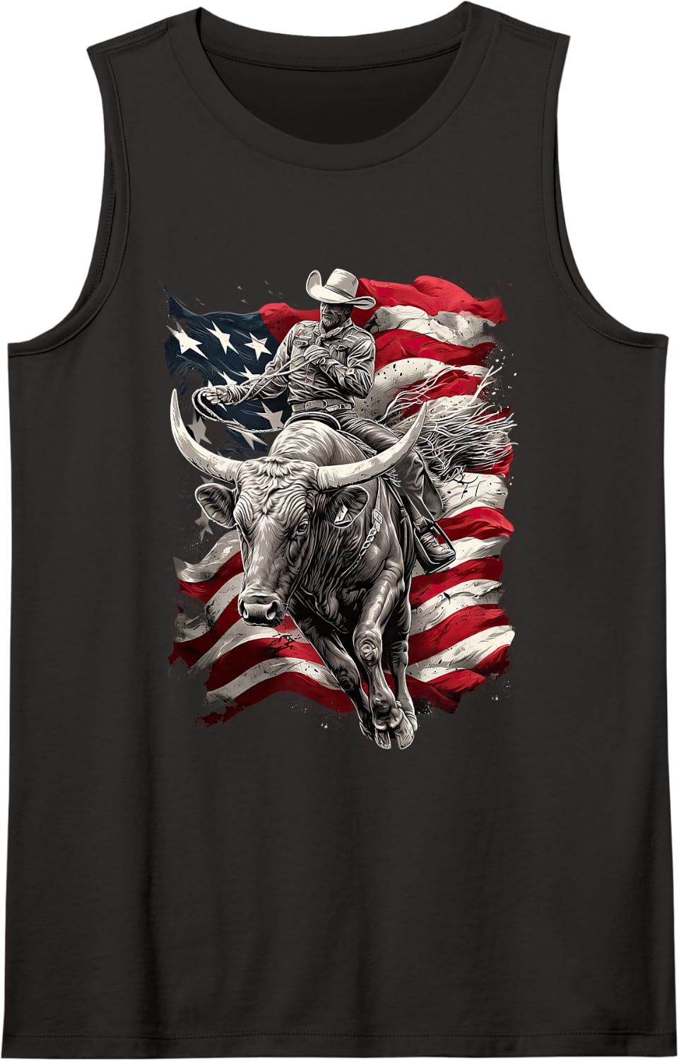 American Flag Cowboy Bull Rider Rodeo Sleeveless Tank Top - Black
