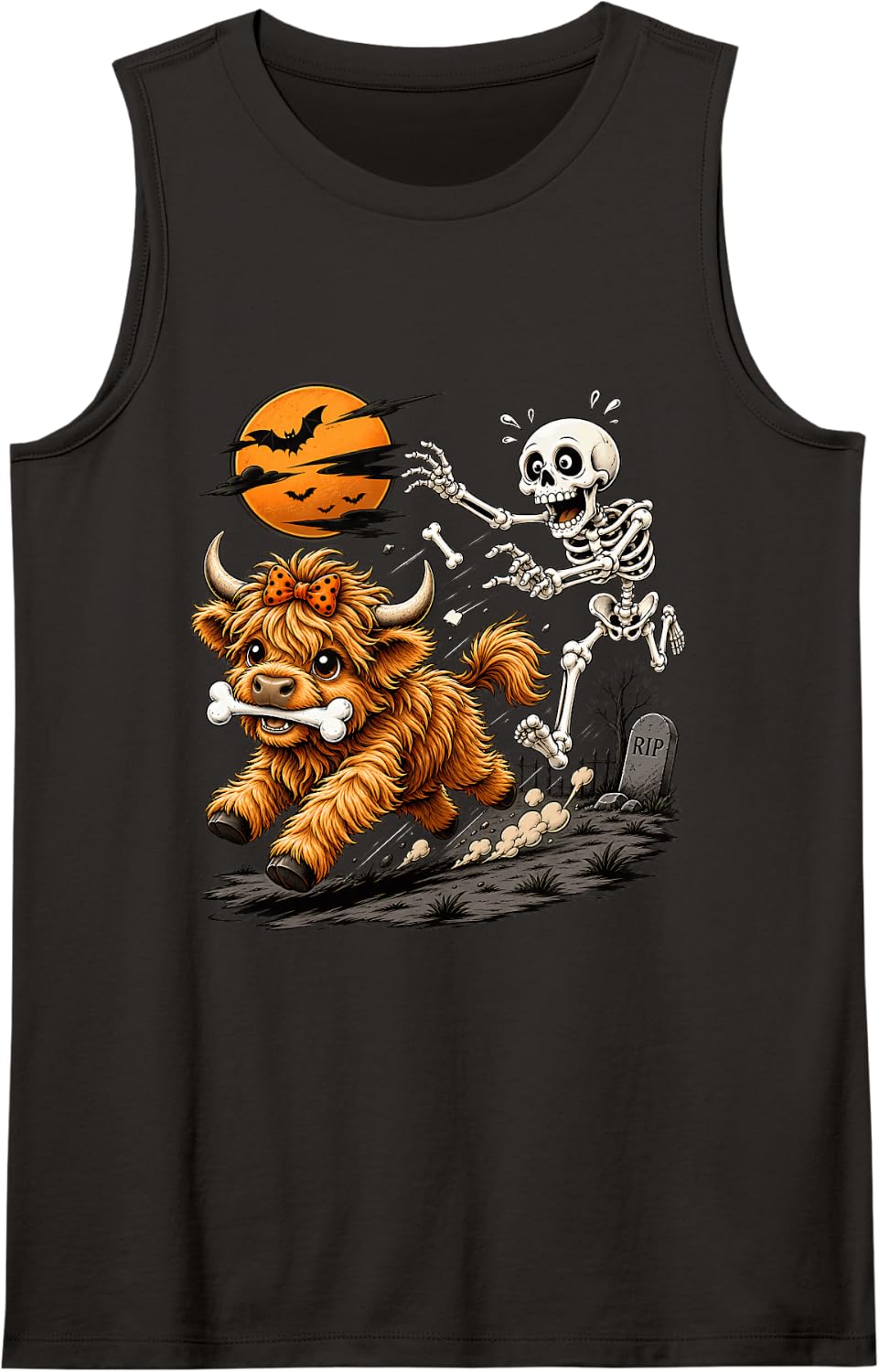 Cute Highland Cow Skeleton Funny Halloween Animal Lovers Tank Top - Black