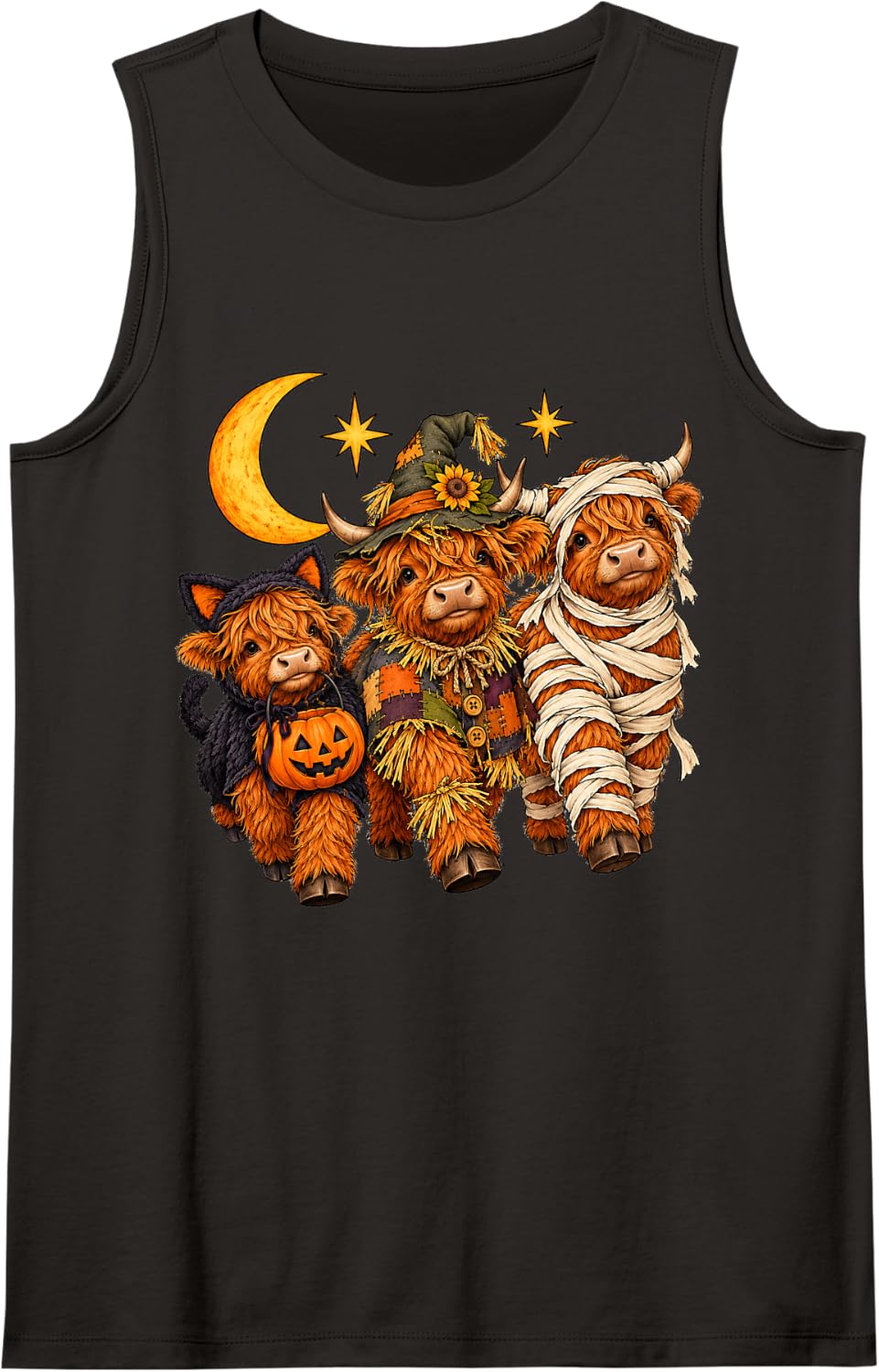 Halloween Highland Cows Trick or Treat Scarecrow Mummy Sleeveless Tank Top - Black