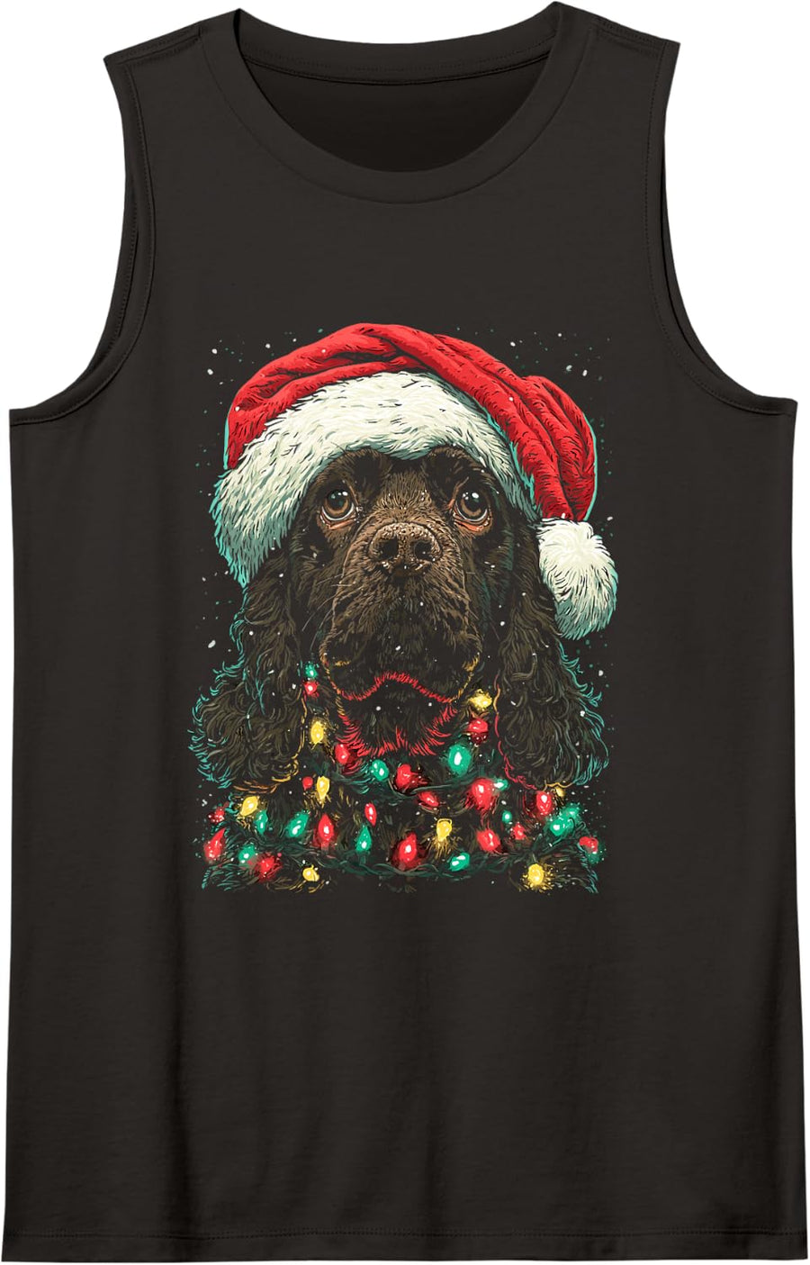 Cocker Spaniel with Christmas Lights Santa Hat Winter Dog Tank Top - Black
