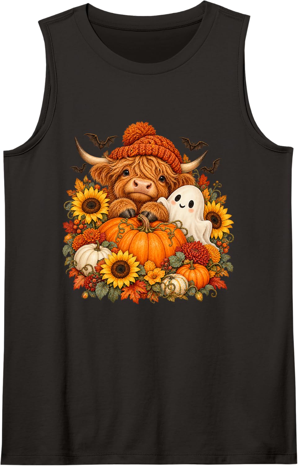 Highland Cow Ghost Halloween Pumpkin Sunflower Fall Calf Sleeveless Tank Top - Black
