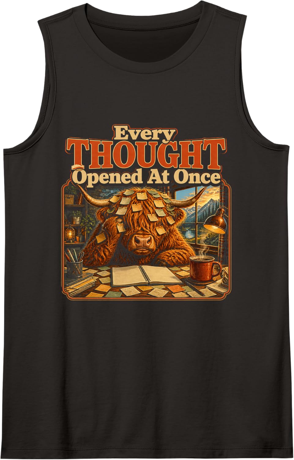 Every Thought Opened At Once Funny Highland Cow Sleeveless Tank Top - Black
