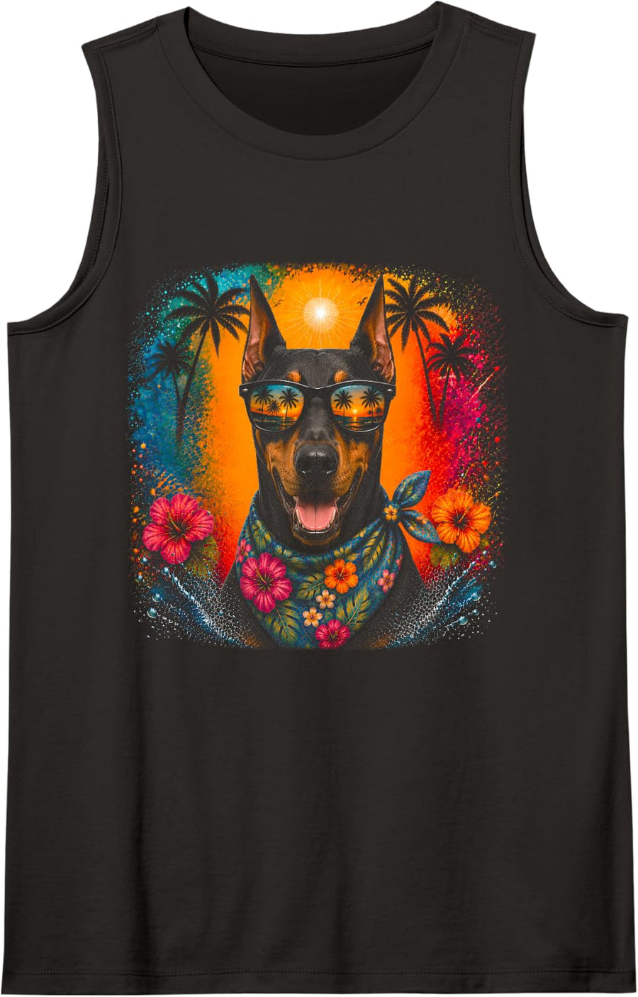 Doberman Pinscher Beach Tropical Summer Sunset Sunglasses Sleeveless Tank Top - Black