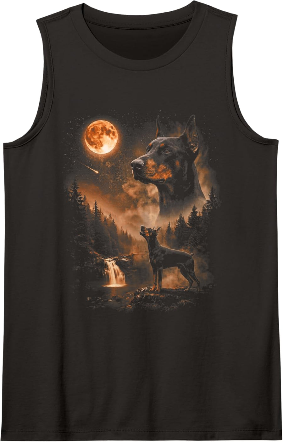 Doberman Pinscher Howling Moon Animal Pine Forest Night Sleeveless Tank Top - Black