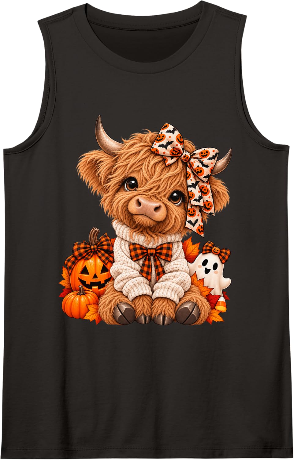 Cute Halloween Highland Cow Pumpkin Coquette Bow Ghost Sleeveless Tank Top - Black