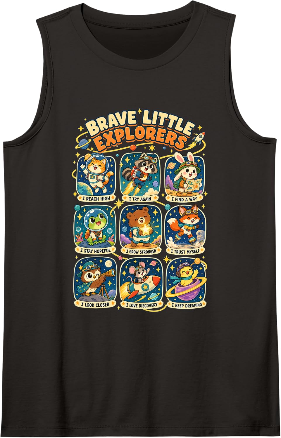 Brave Little Explorers Cute Space Animals Teacher Classroom Sleeveless Tank Top - Black