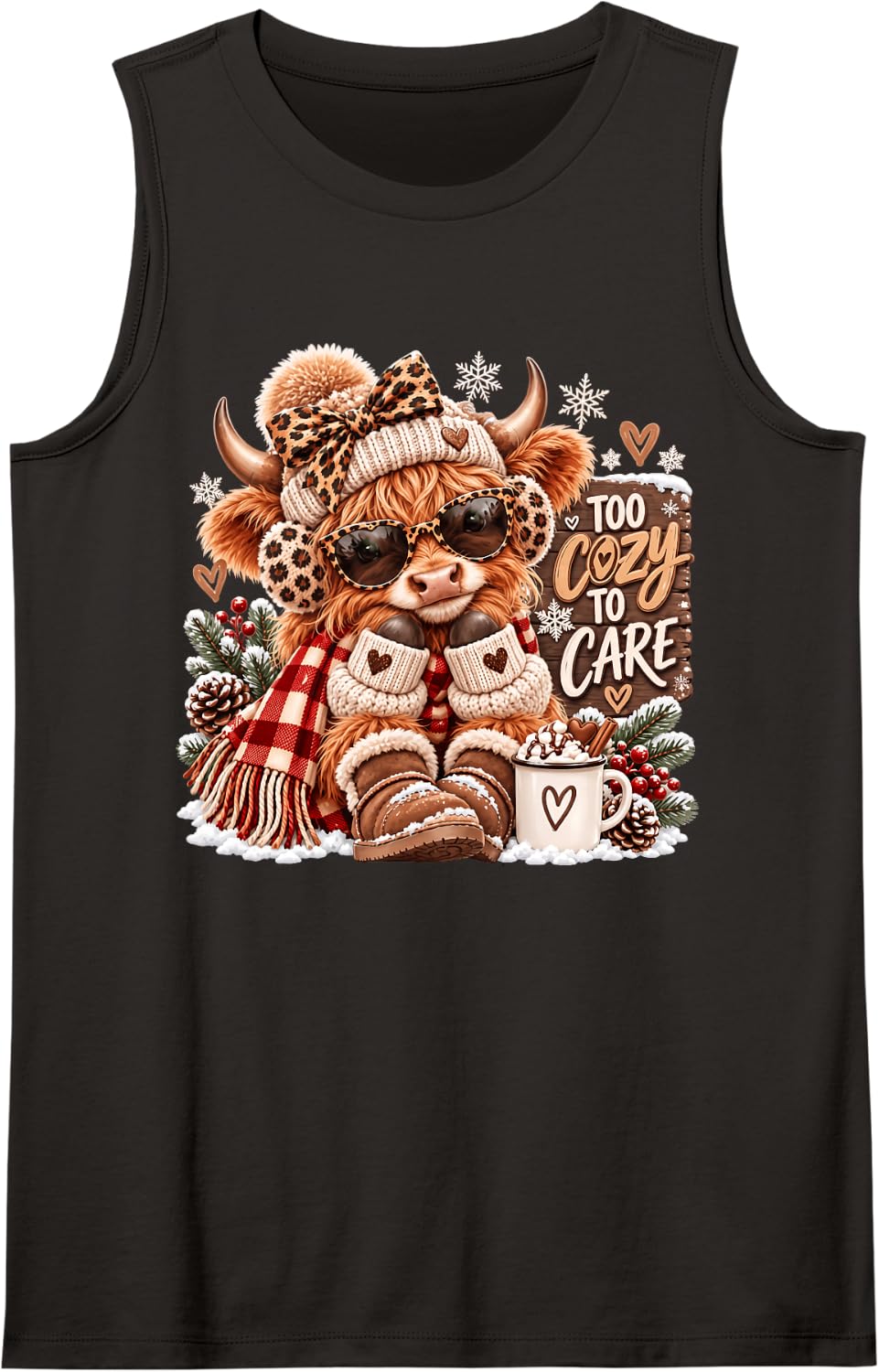 Too Cozy to Care Funny Winter Highland Cow Christmas Sleeveless Tank Top - Black