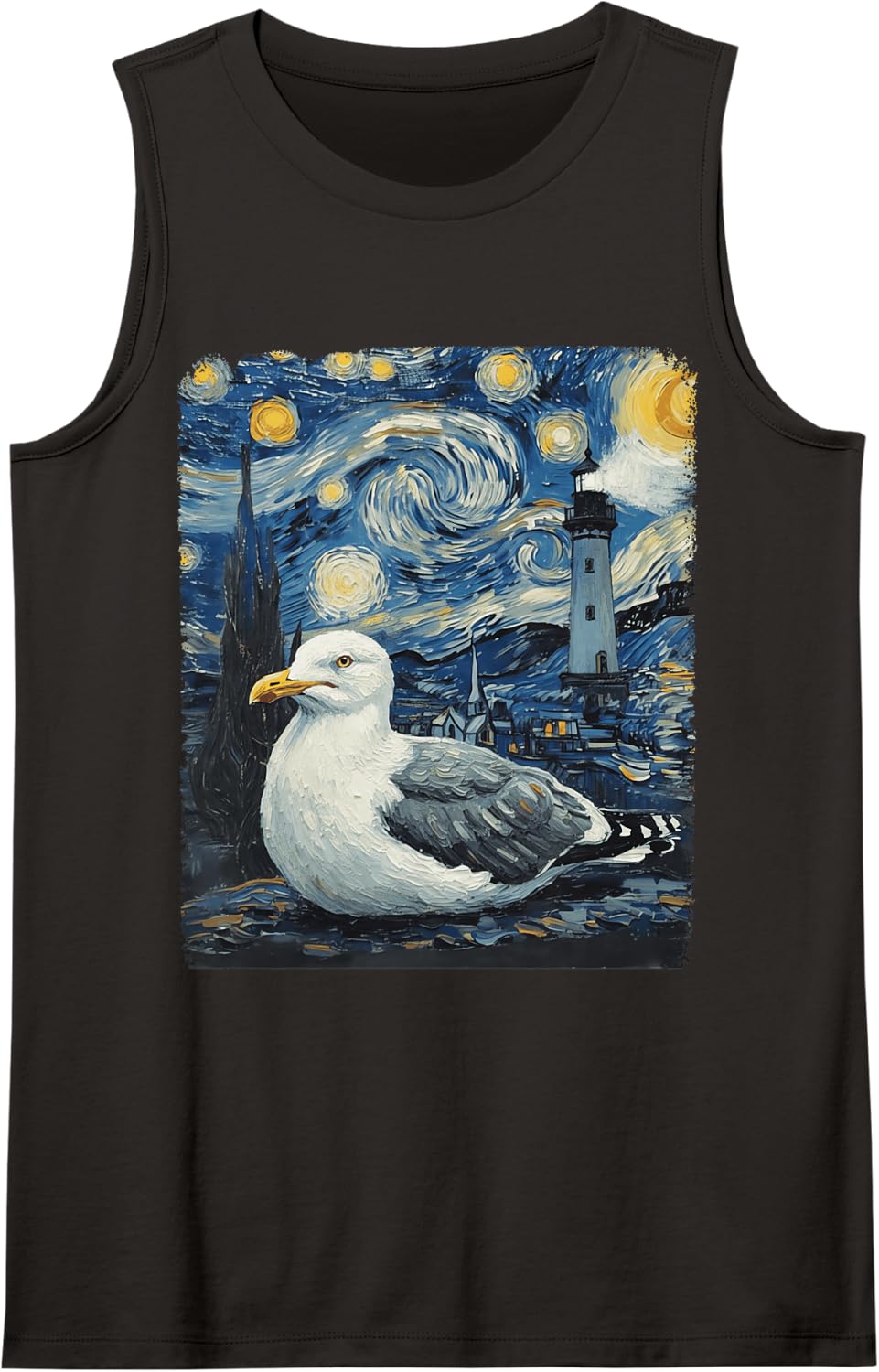 Starry Night Van Gogh Seagull with Lighthouse Coast Sleeveless Tank Top - Black