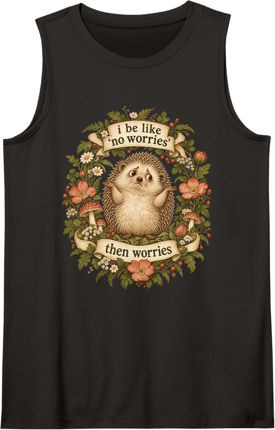 I Be Like No Worries Then Worries Funny Hedgehog Meme Sleeveless Tank Top - Black