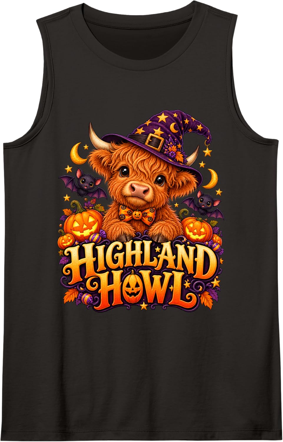 Cute Highland Cow Witch Hat Halloween - Highland Howl Sleeveless Tank Top - Black