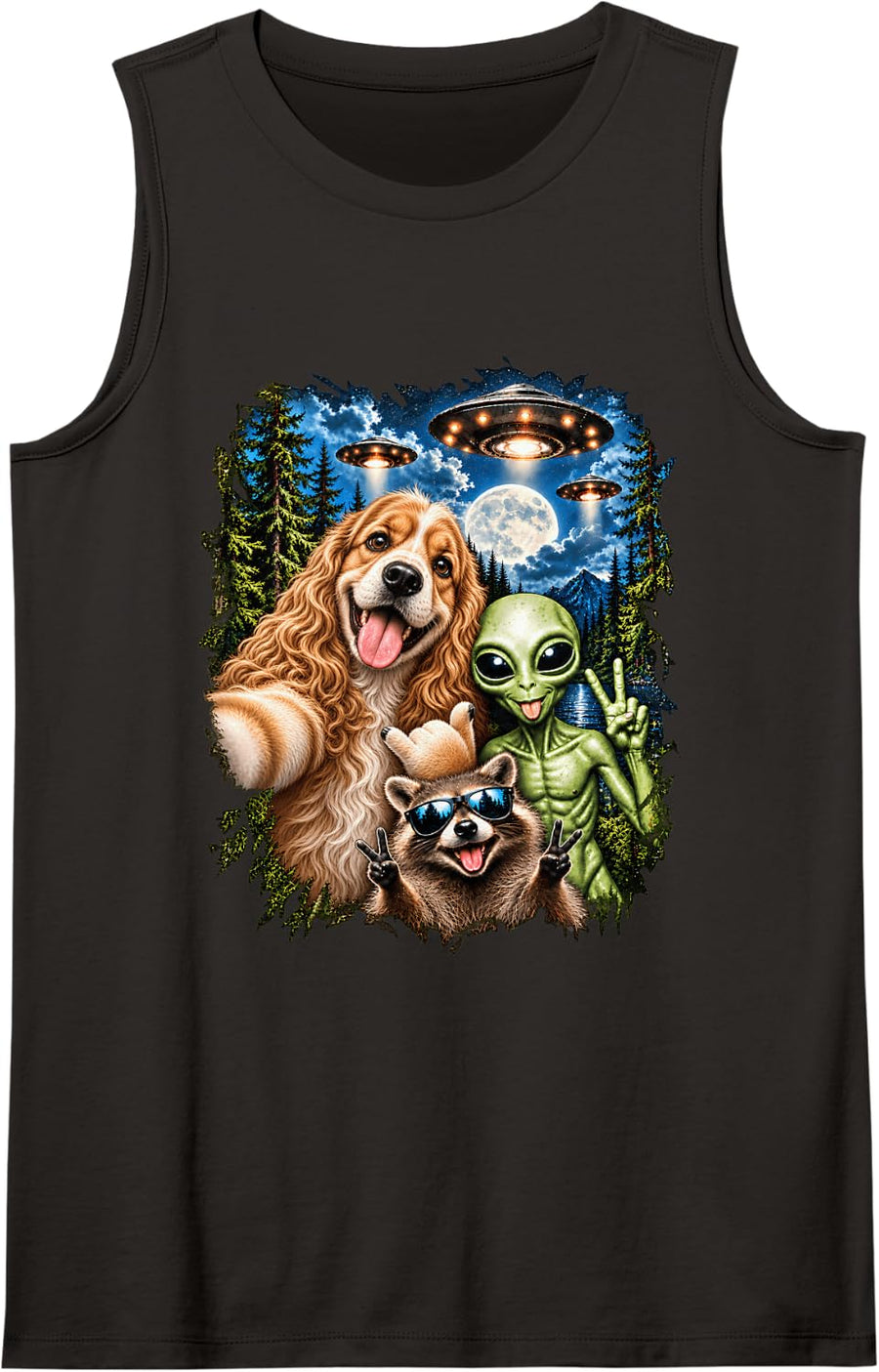 Cocker Spaniel Selfie Alien Raccoon UFO Funny Men Women Kids Sleeveless Tank Top - Black