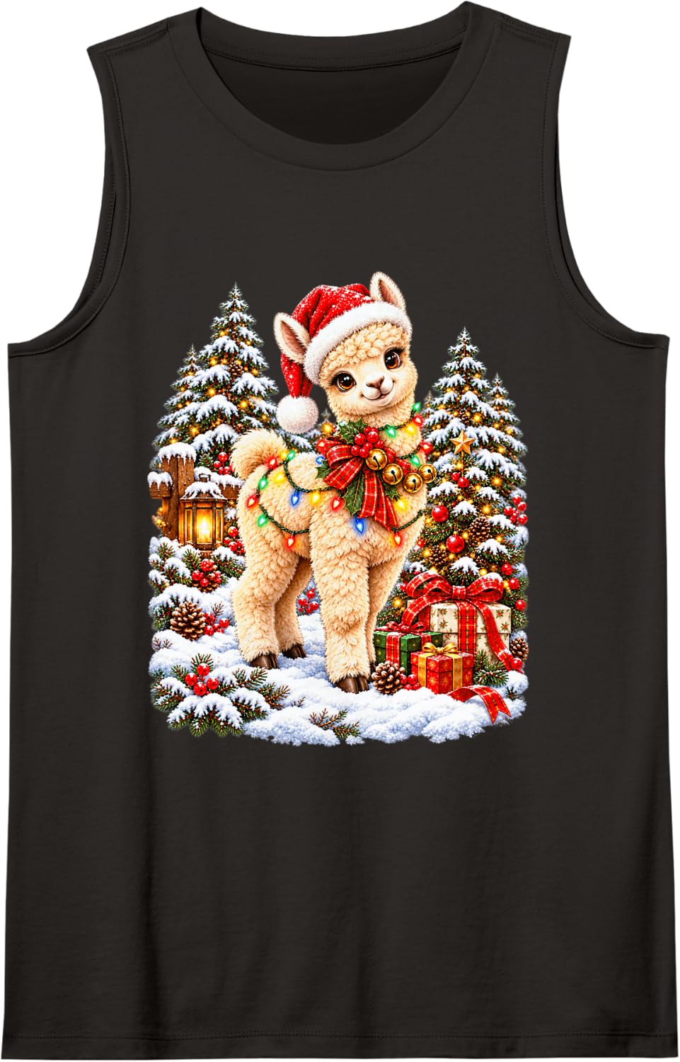 Adorable Alpaca Christmas Santa Snow Scene Sleeveless Tank Top - Black