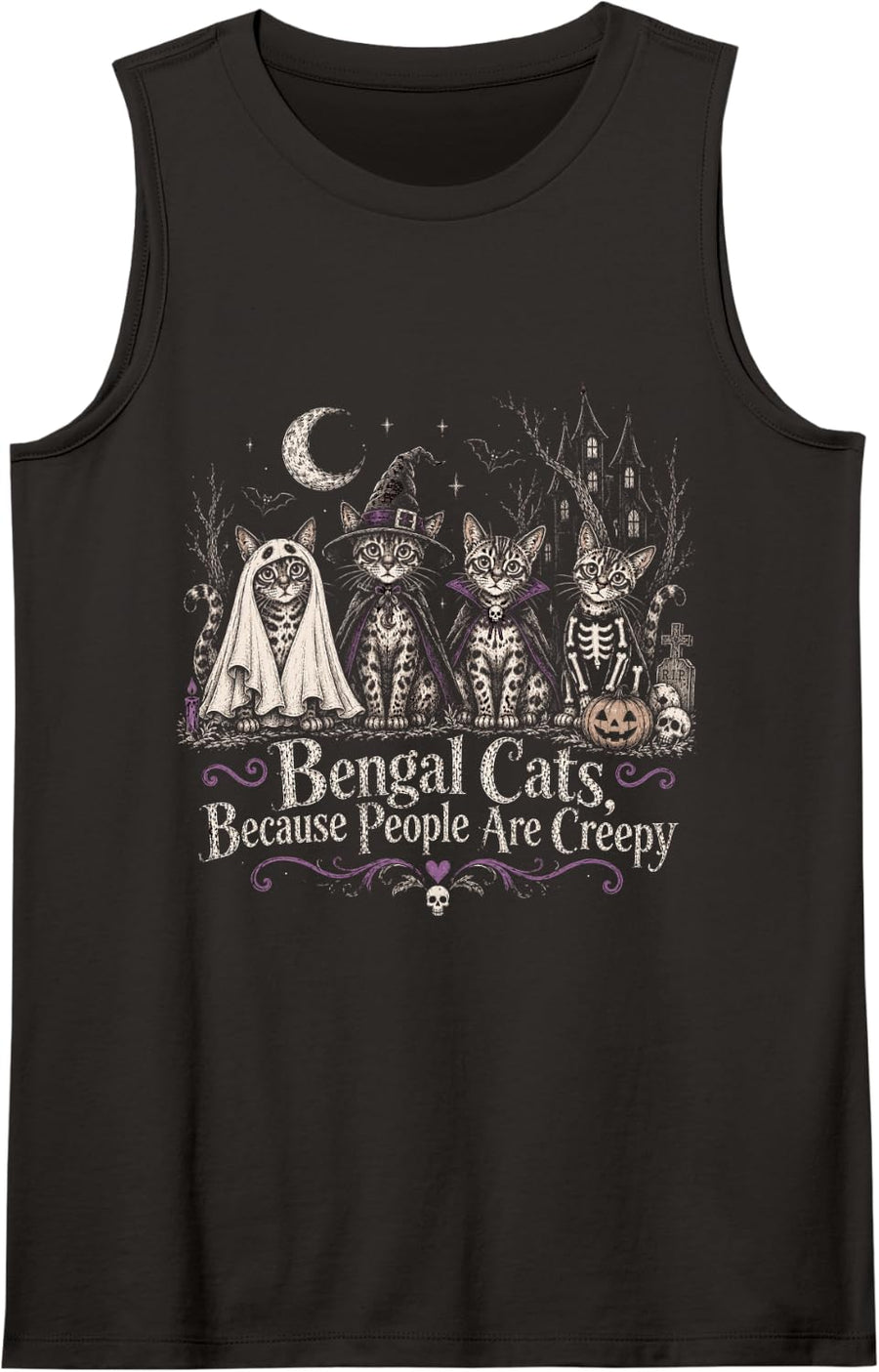 Halloween Bengal Cats Because People are Creepy Funny Cat Sleeveless Tank Top - Black