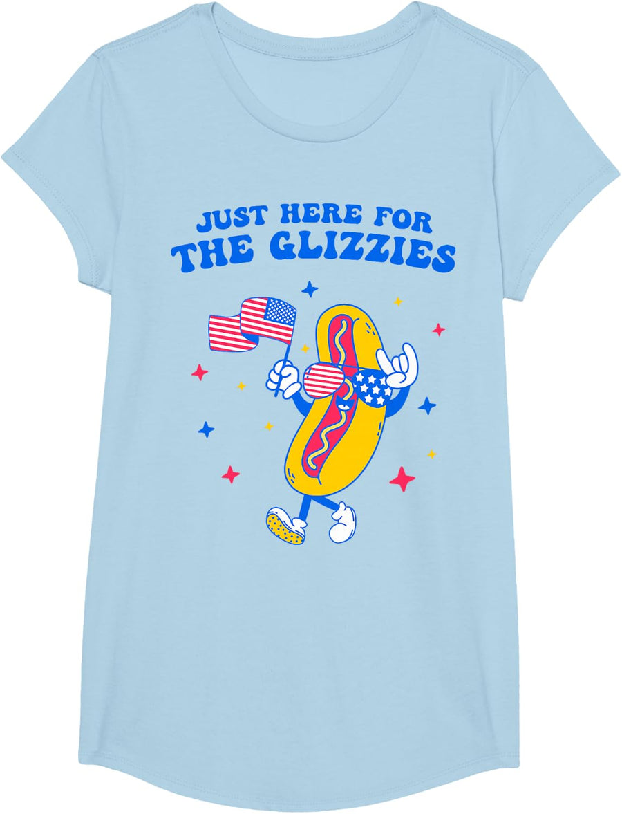 I'm Just Here For The Glizzies Funny Fourth of July Wiener T-Shirt - Girls Baby Blue