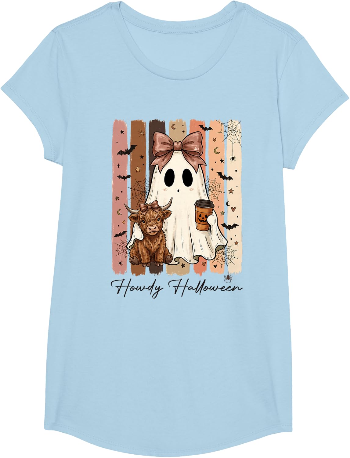 Funny Howdy Halloween Highland Cow Ghost Cows Lover Spooky T-Shirt - Girls Baby Blue