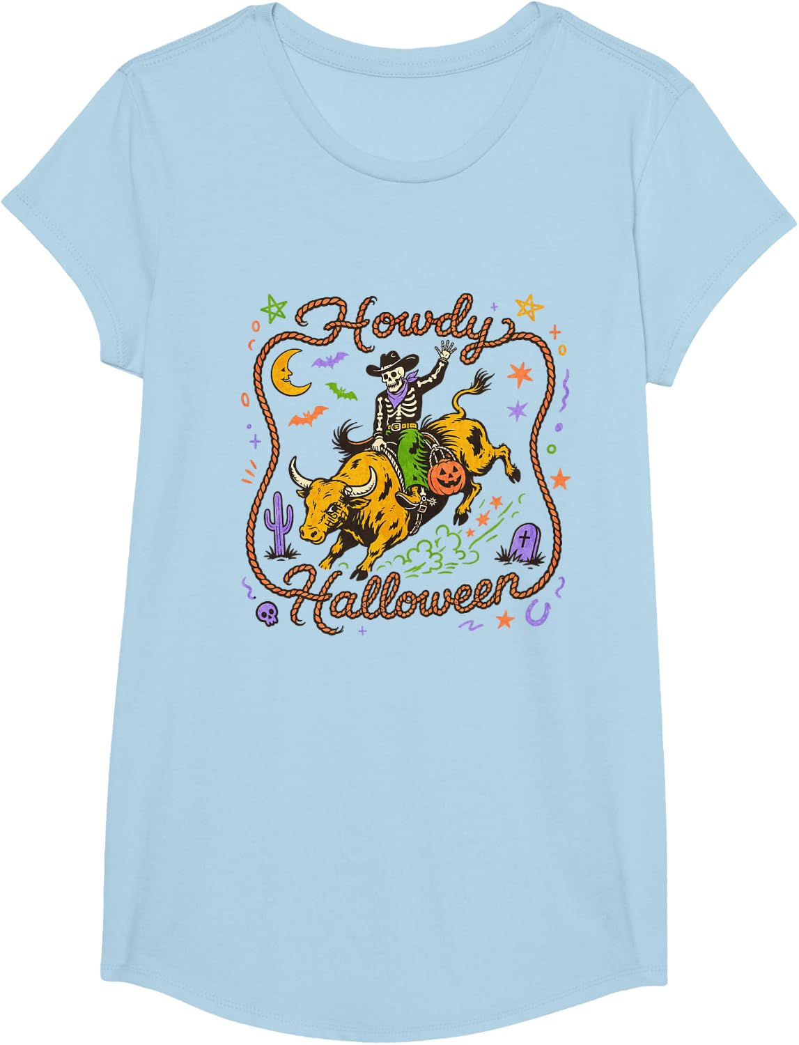 Bull Riding Western Spooky T-Shirt - Girls Baby Blue