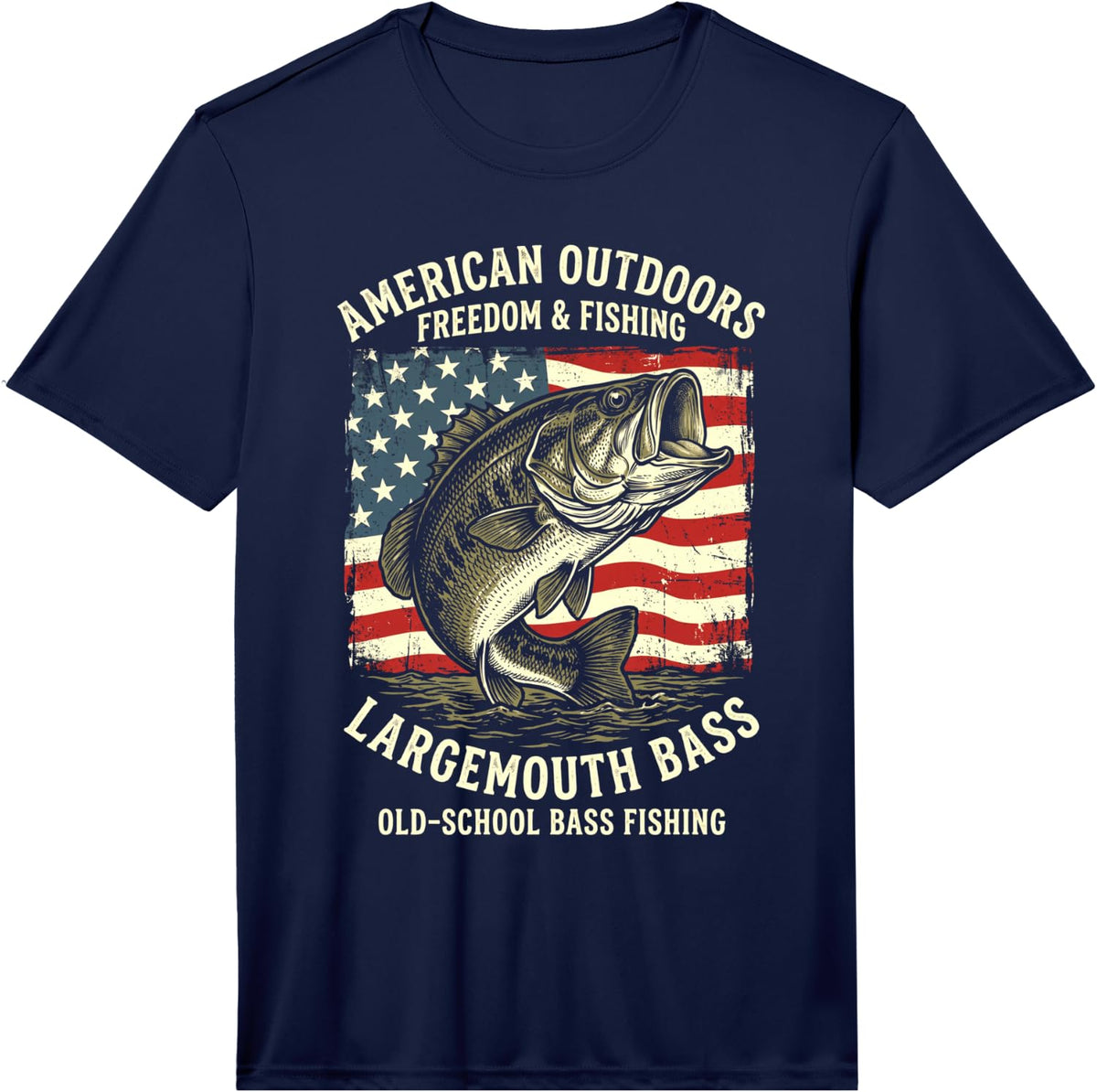 Largemouth Bass Fishing American Flag Patriotic Fisherman Performance T-Shirt - Navy Blue