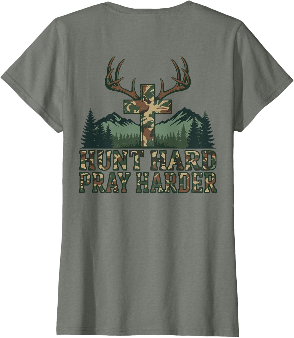 Youth Camo Christian Deer Hunting Cross Hunt Hard Pray Faith Tees T Shirts - Olive Heather