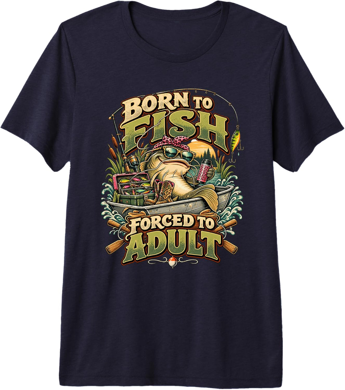 Born to Fish Forced to Adult Funny Catfish Angler Premium Tri-Blend T-Shirt - Navy Blue