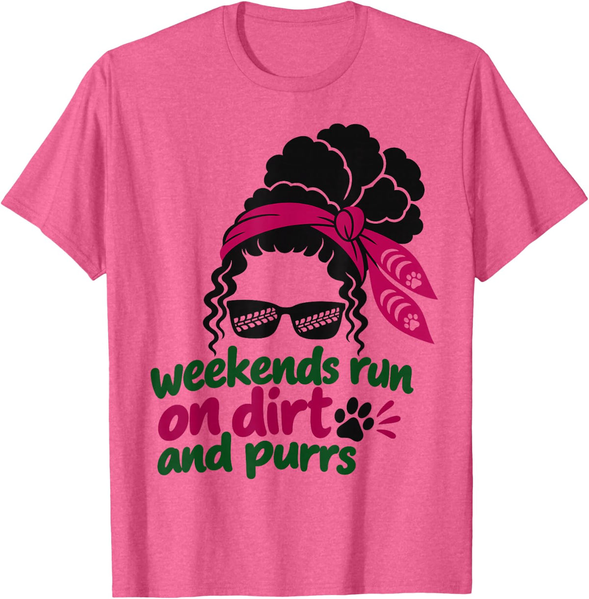 Dirt Bike Cat Lover Weekends Run on Dirt and Purrs Messy Bun T-Shirt - Pink Heather