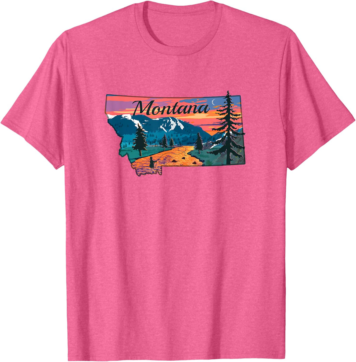 Montana Fly Fishing Retro Sunset State Outline T-Shirt - Pink Heather