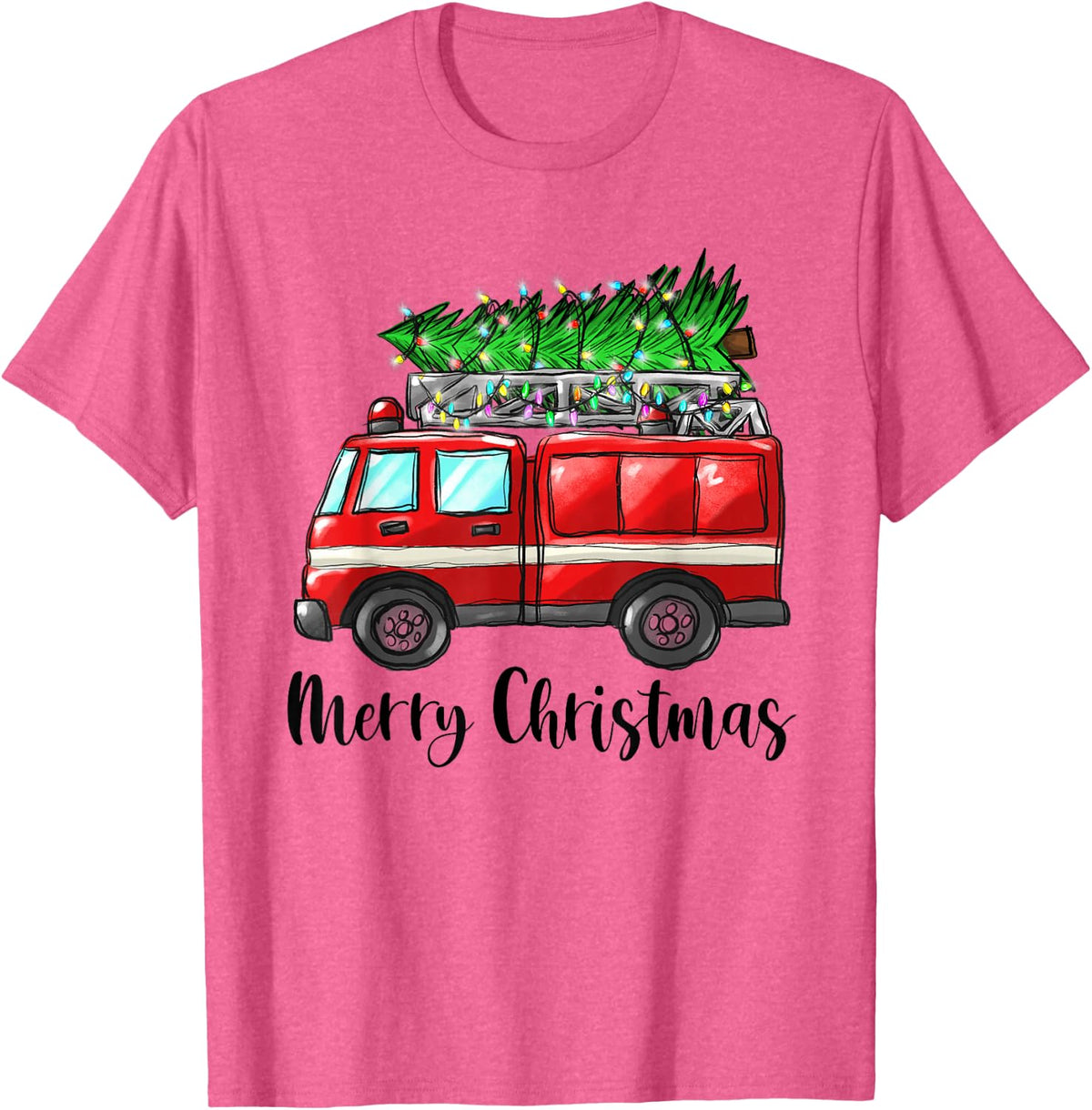 Fire Truck Christmas Tree Light Firefighter Pajama Xmas T-Shirt - Pink Heather
