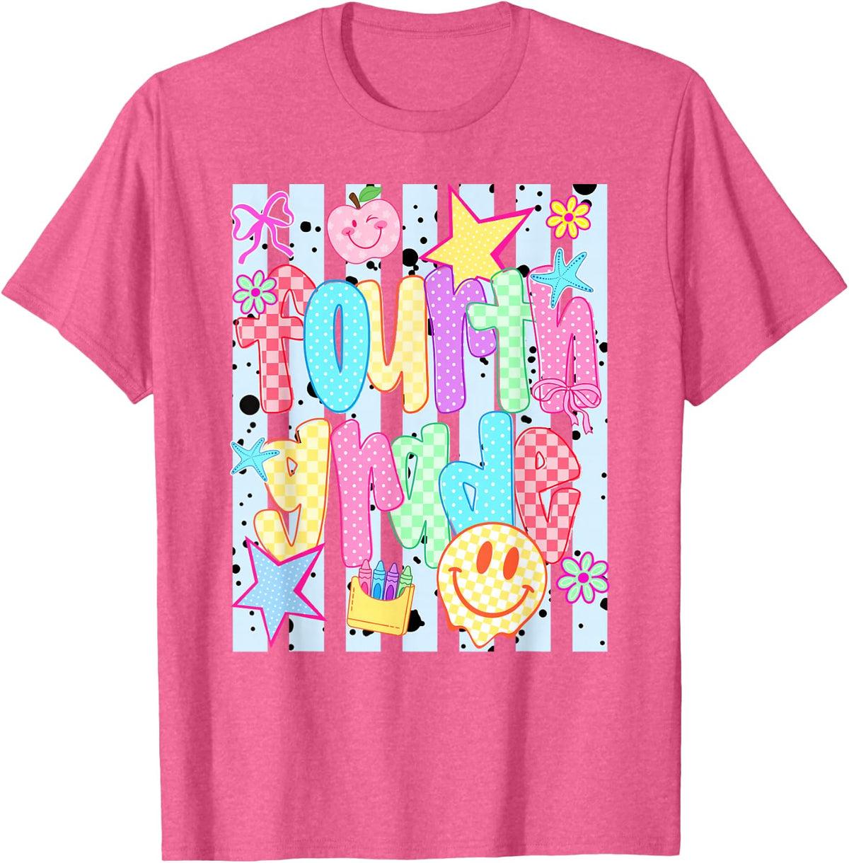 Checkered Striped Neon Summer Back to School Fourth Grade T-Shirt - Pink Heather