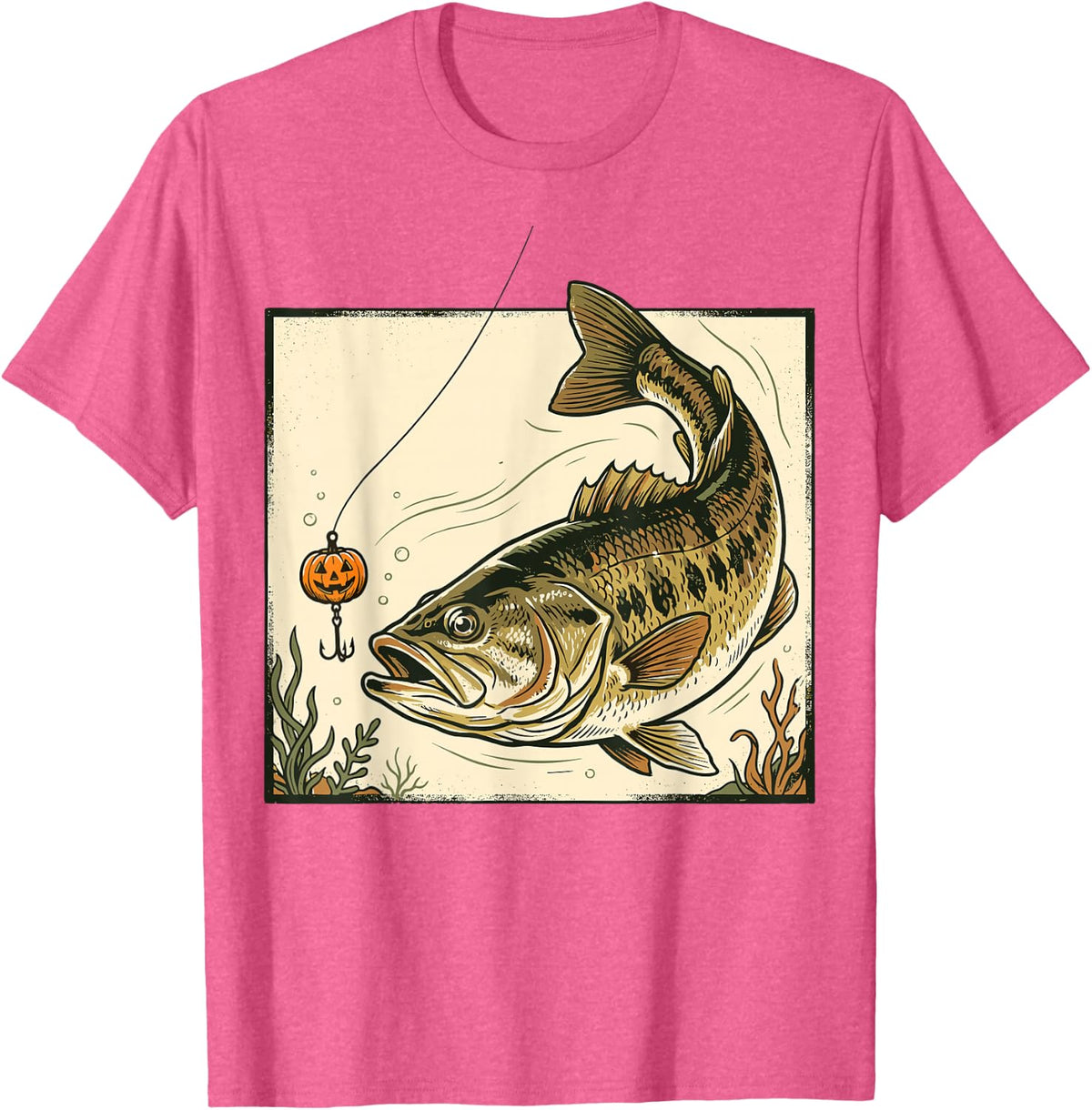 Bass Pumpkin Lure Fishing Halloween Angler Art T-Shirt - Pink Heather