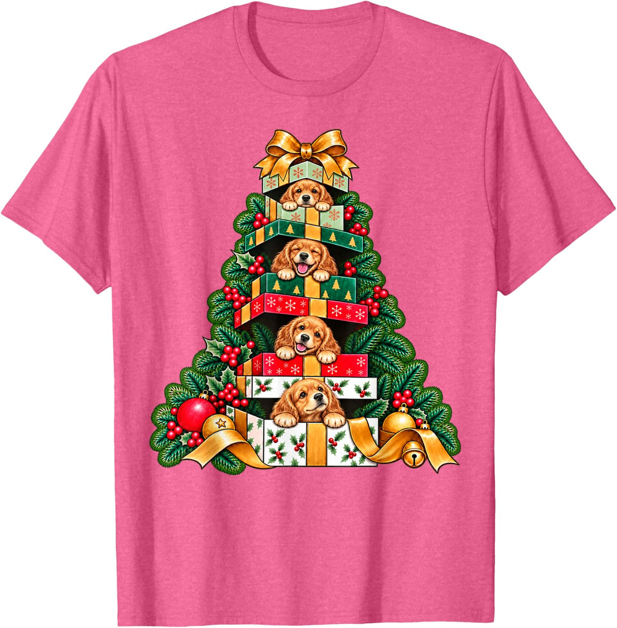 Cocker Spaniel Stacked Wrapped Boxes Holiday Tree Surprise T-Shirt - Pink Heather