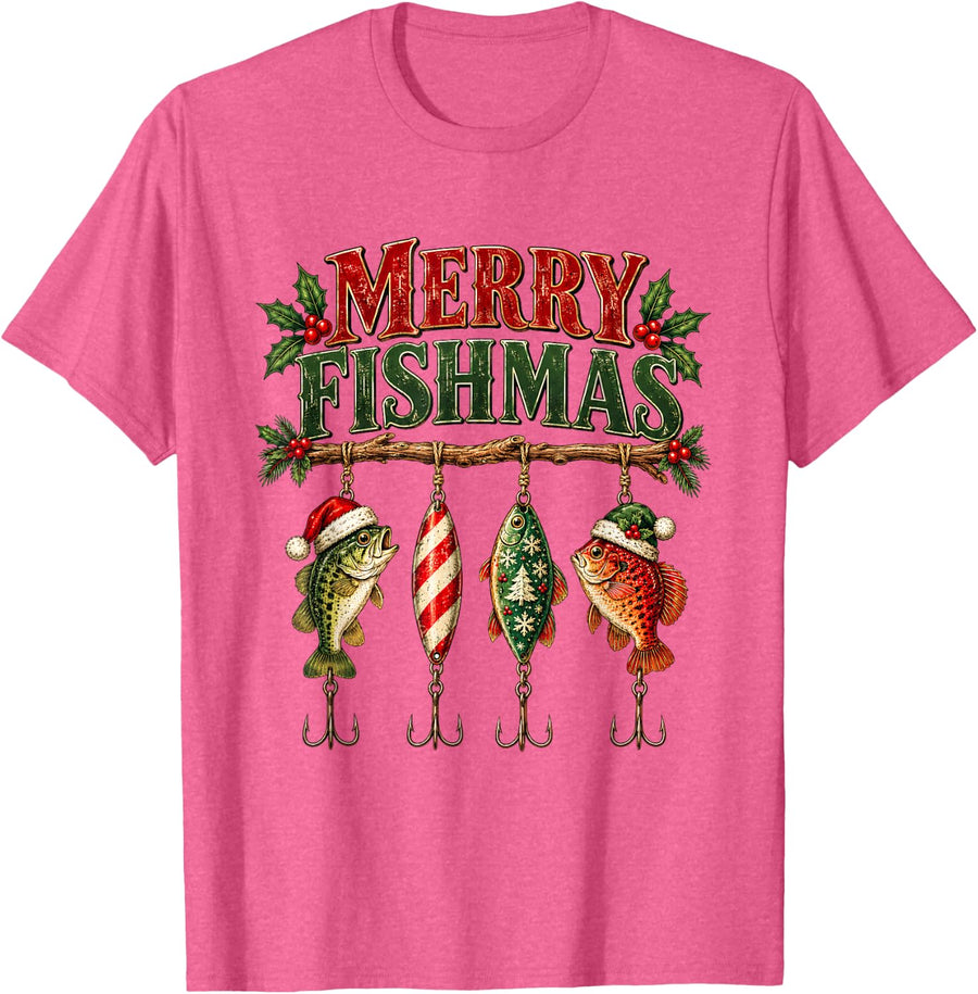 Merry Fishmas Christmas Fishing Lures Funny Bass Angler Art T-Shirt - Pink Heather