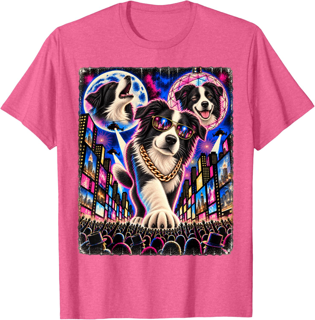 Border Collie Times Square Hip Hop Rap Party Cool Sunglasses T-Shirt - Pink Heather