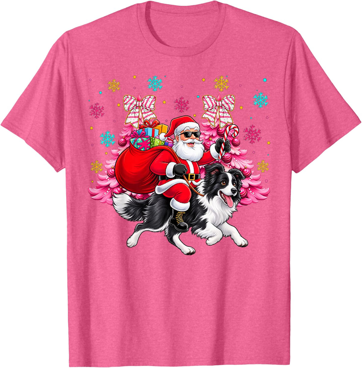 Christmas Santa Border Collie Owner Kids Boys Girls Dog Xmas T-Shirt - Pink Heather