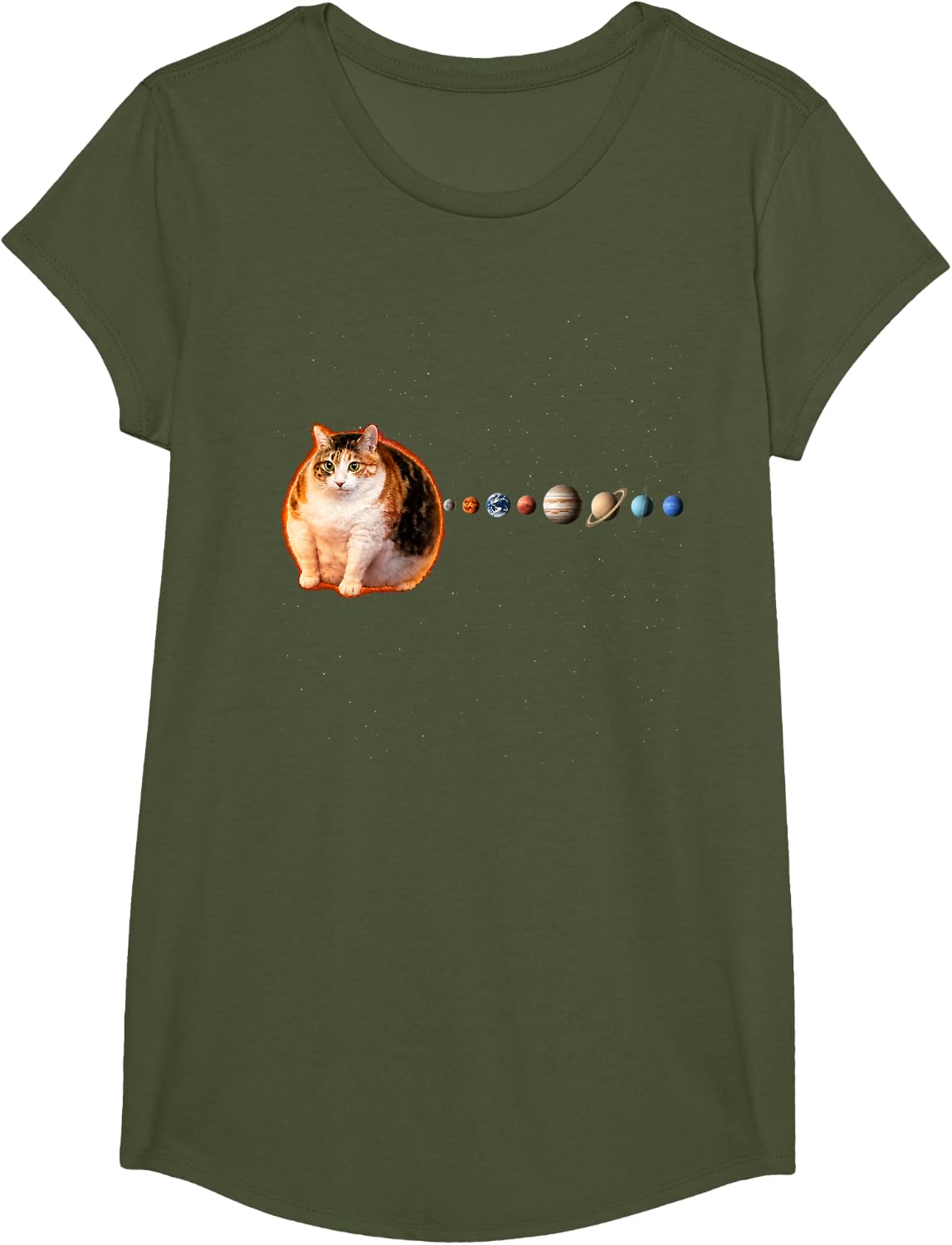Cat As The Sun Funny Solar System Astronomy Design T-Shirt - Girls Olive Green