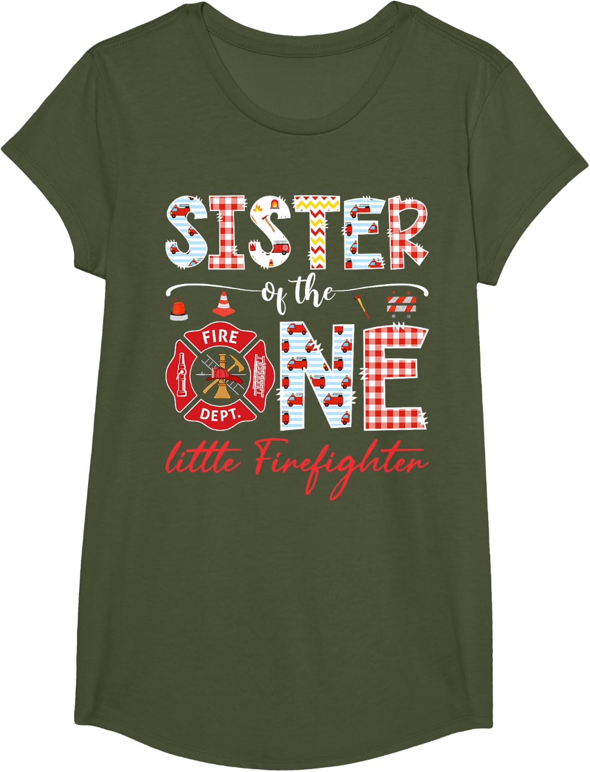 Sister of The One Little Firefighter 1st Birthday Boy T-Shirt - Girls Olive Green