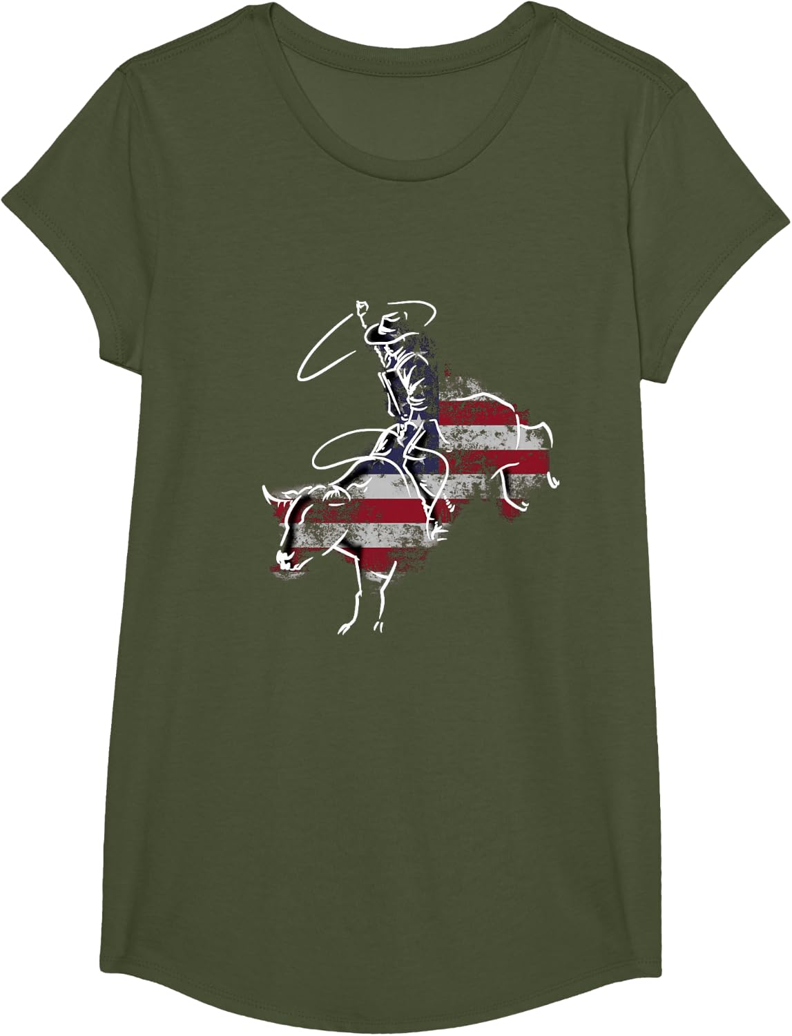 American Rodeo Bull Riding Retro Grunge USA Vintage Flag T-Shirt - Girls Olive Green